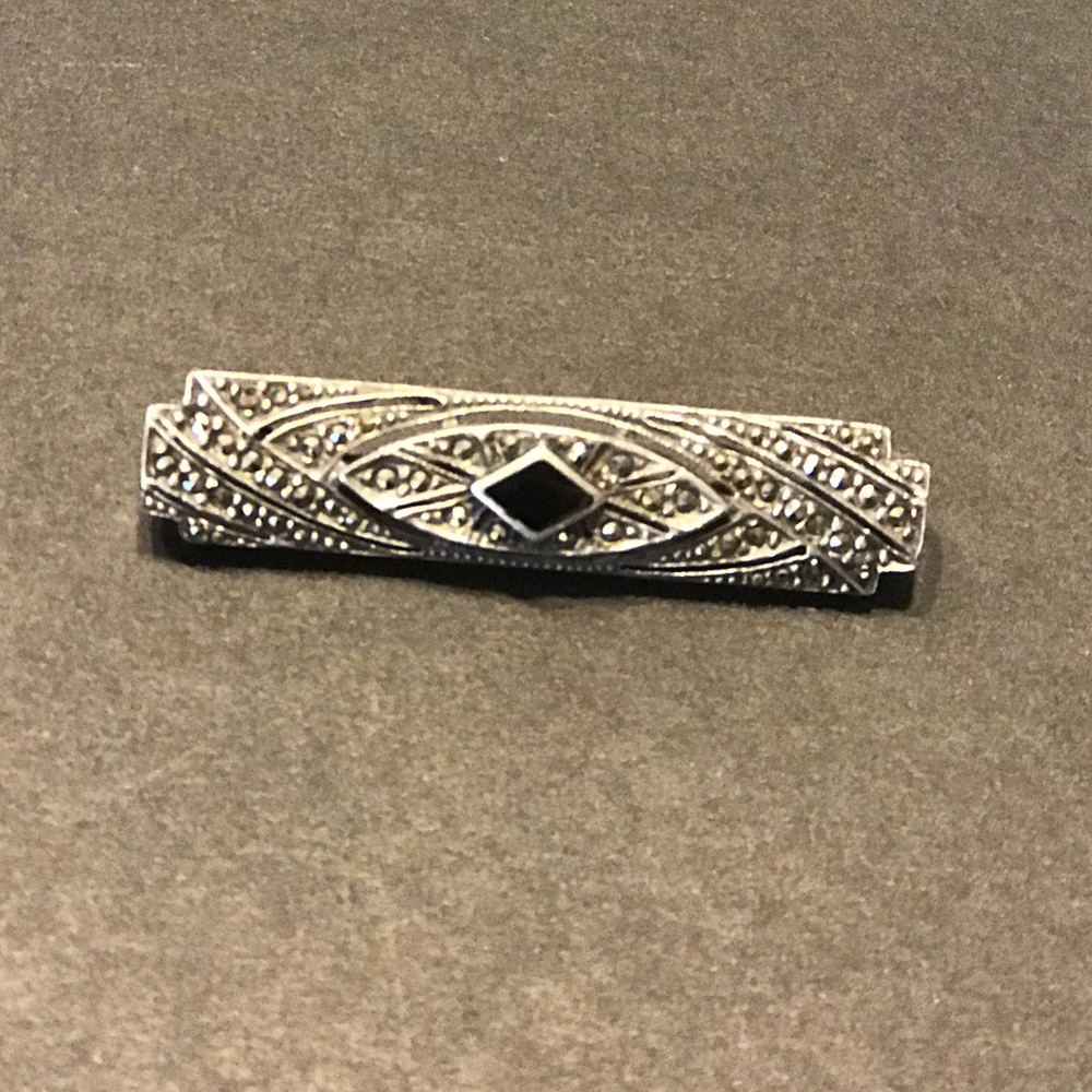 Sterling Silver and Onyx Brooch with Marcasite